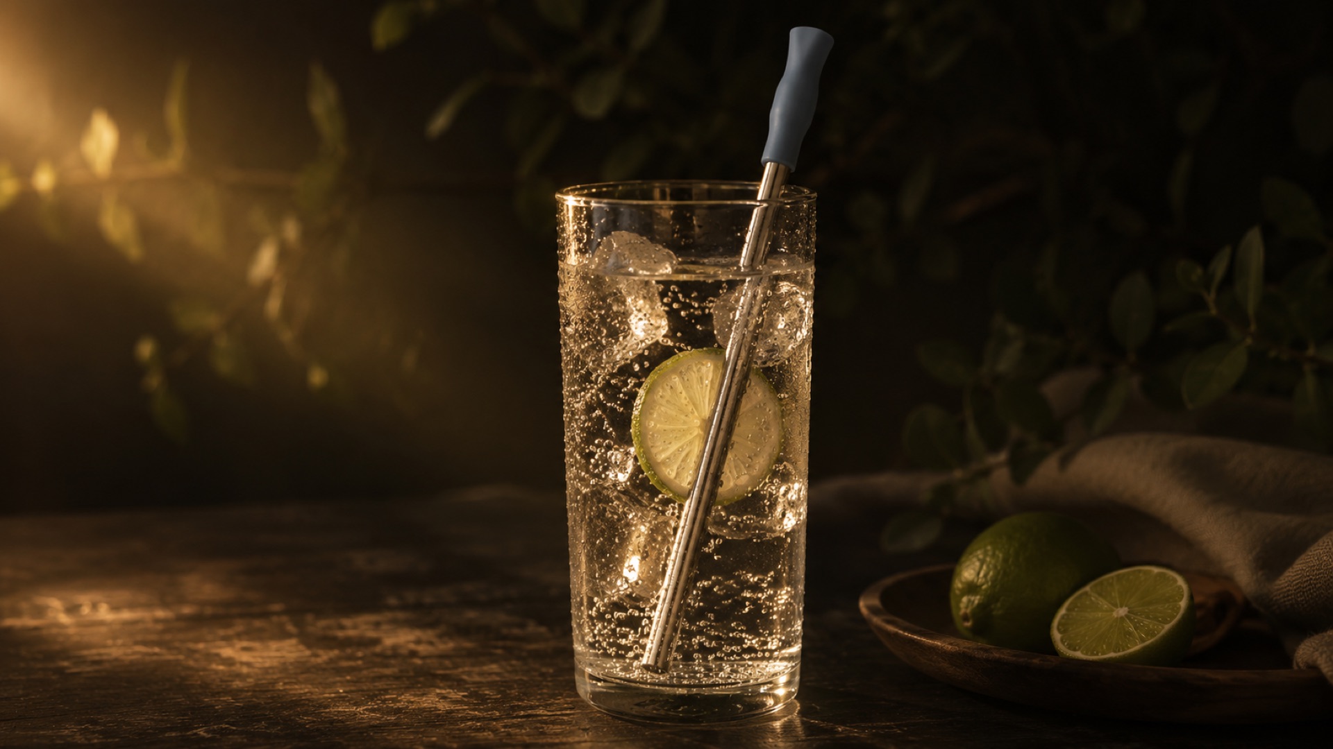A steel straw with a silicone tip standing in a glass of sparkling water with lime, caught in low golden light at dusk