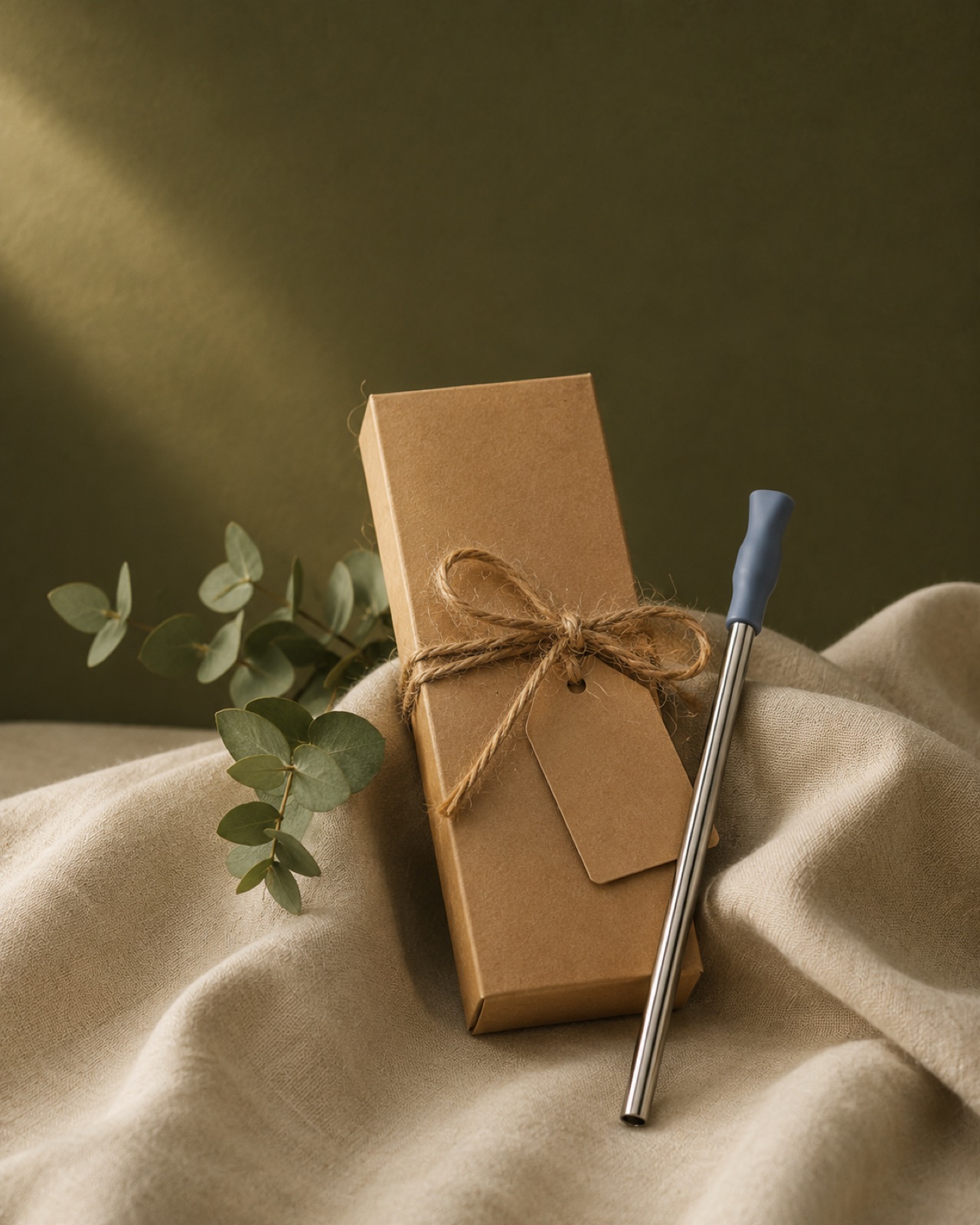The kit's kraft box tied with jute twine and a blank gift tag, a steel straw resting beside it on cream linen with eucalyptus