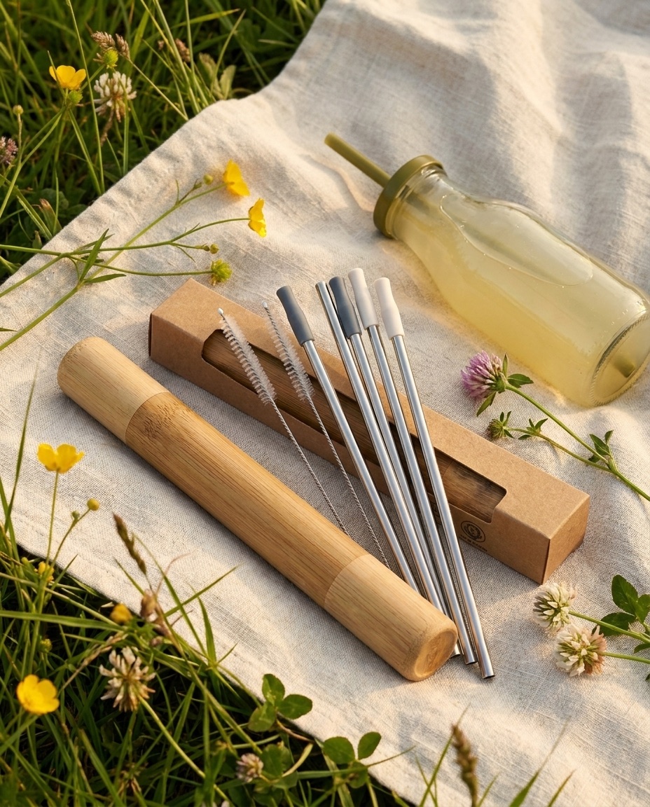 The straw kit and its bamboo case on a cream linen picnic blanket in soft summer light